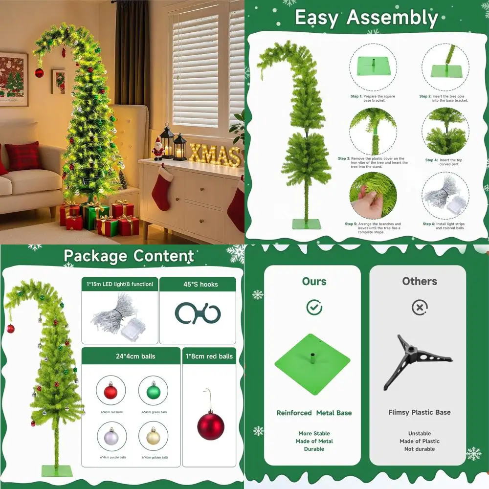 

Изогнутая искусственная рождественская елка длиной 5 футов со светодиодной подсветкой длиной 50 футов и 24 украшениями, химерный дизайн для внутреннего и наружного использования с металлом