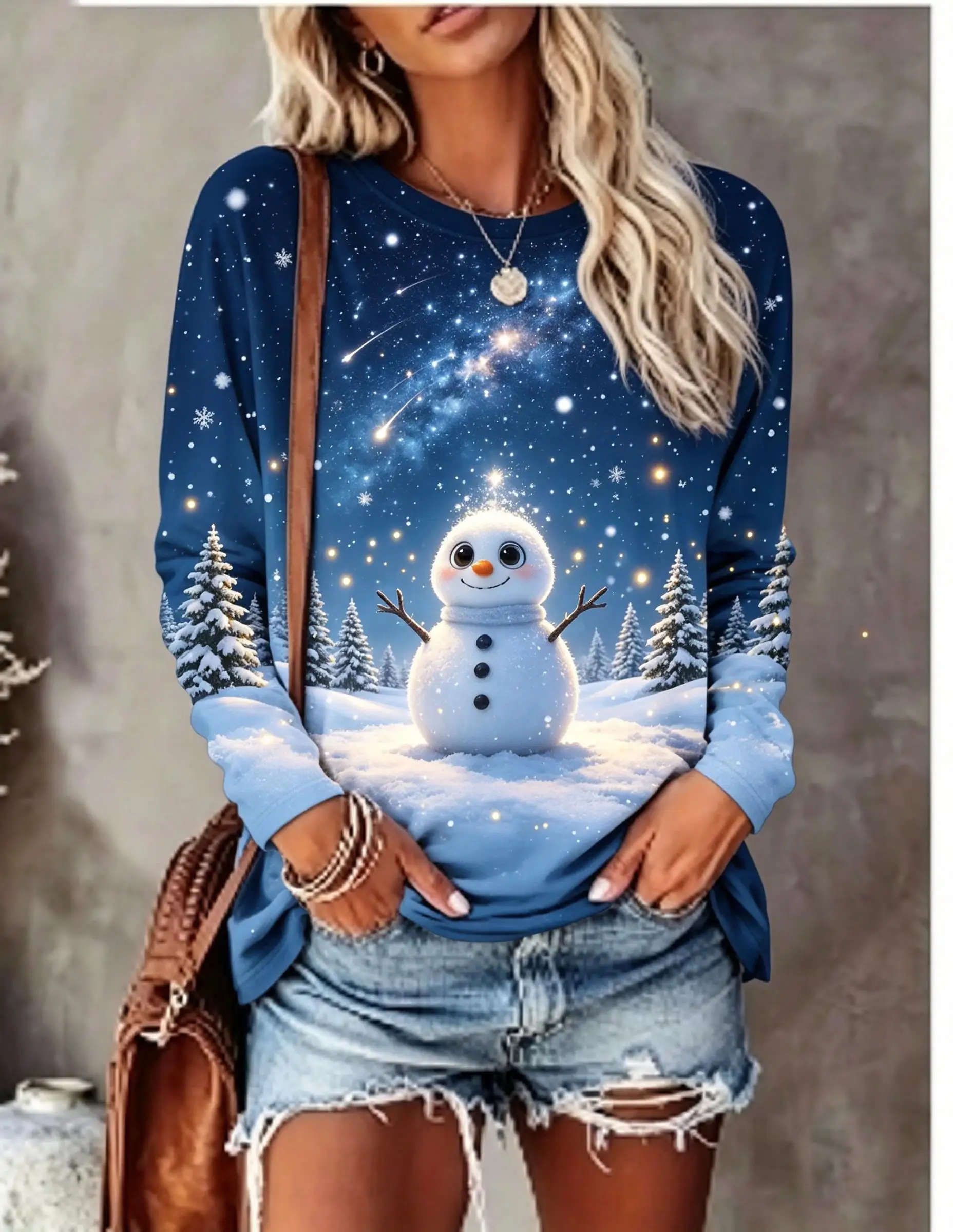 Women Long Sleeve T‑Shirt Christmas Galaxy Starry Sky Snowman Snow Scene Pine Tree Snowflake Print Crew Neck Casual Tops