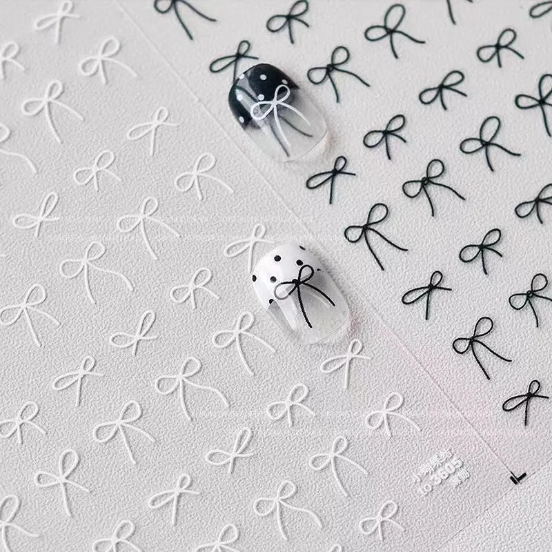 3D Bow Nail Stickers Japanese Style Hand Drawn Black White Self Adhesive Waterproof Decals for Manicure DIY