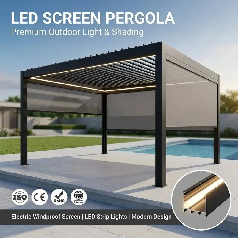 Modern Aluminum Pergola with Windproof Screen and Integrated LED Strip Lights Backyard Patio Deck Lounge Gazebo