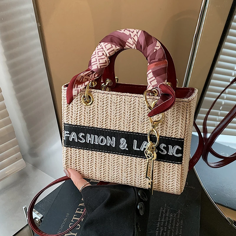 

Summer Weave Handbag For Women 2025 Elegant Scarf New Crossbody Bag Vacation Beach Bag All Matched Small Square Bag