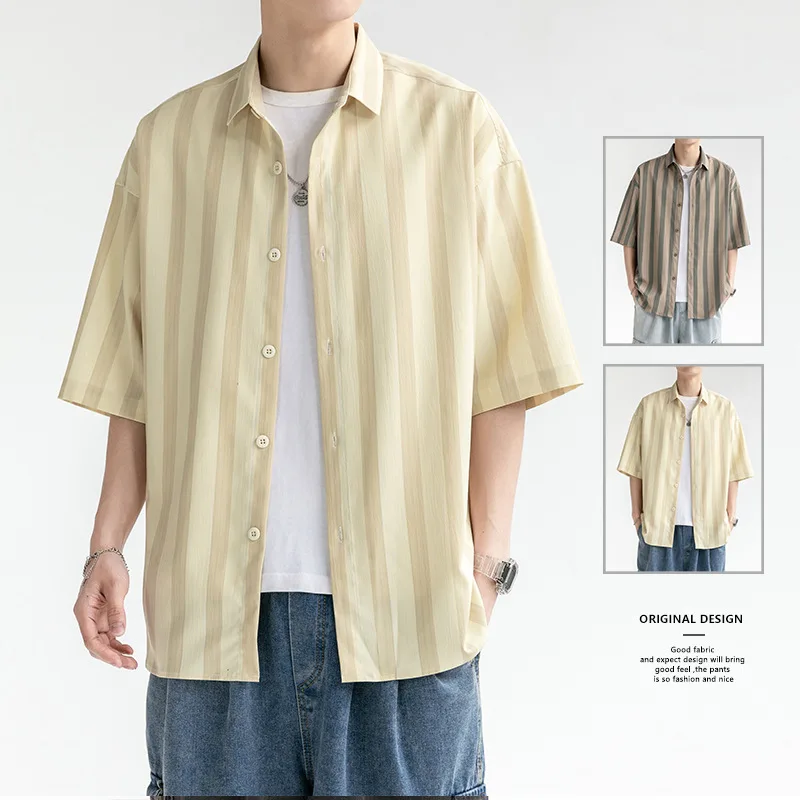 2023 Summer New Casual Loose Fitting Men Short Sleeve Shirt Fashion Polo Collar Male Tops Simple Stripe Mens Large Shirts