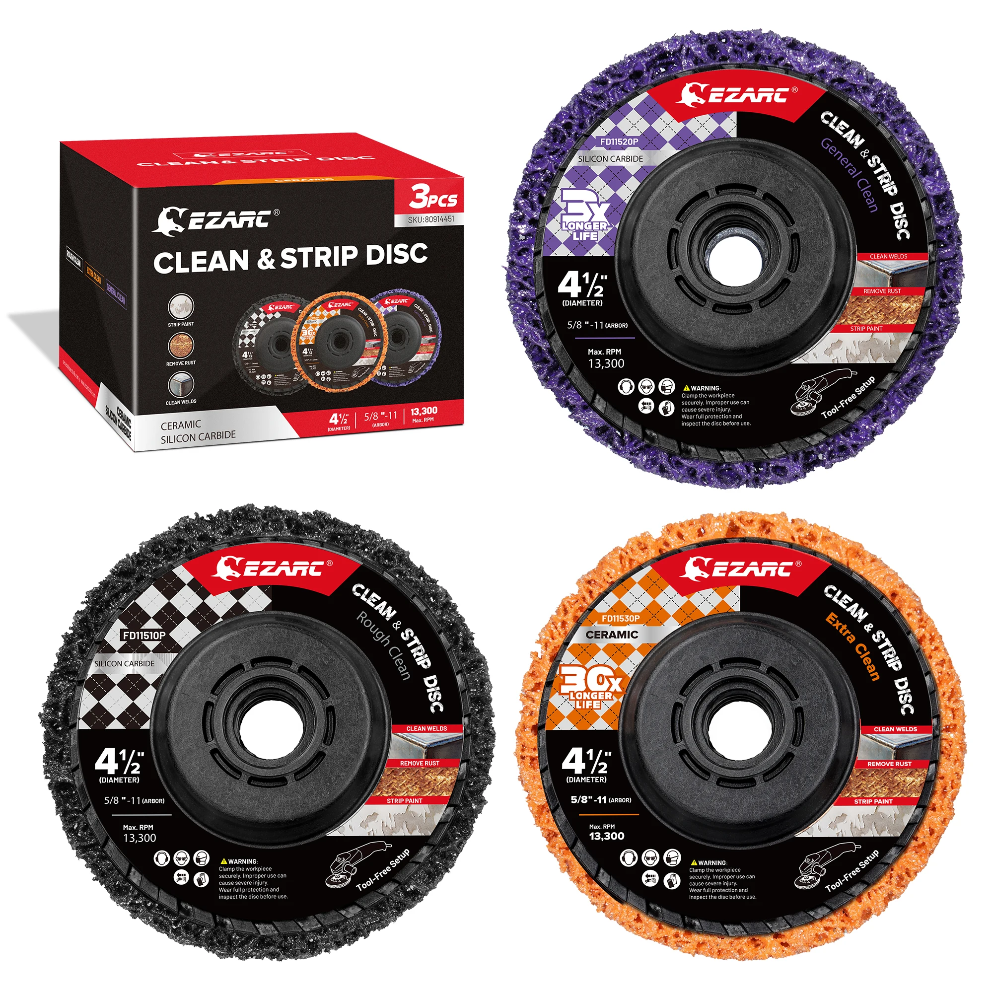 EZARC 4.5 Inch Stripping Discs 3Pcs, Paint & Rust Removal Wheel 7/8