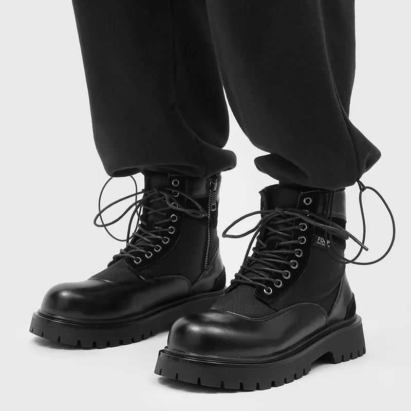 British style mens casual platform boots black trendy breathable shoes outdoors cowboy tooling work boot handsome ankle botas