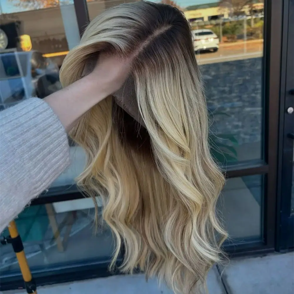 

High Heat Fibre 13x4 Gluless Wavy Realistic Lace Top Wig Dark Roots Warm Blonde Highlights HD Lace Front Wig for Women Hair Loss