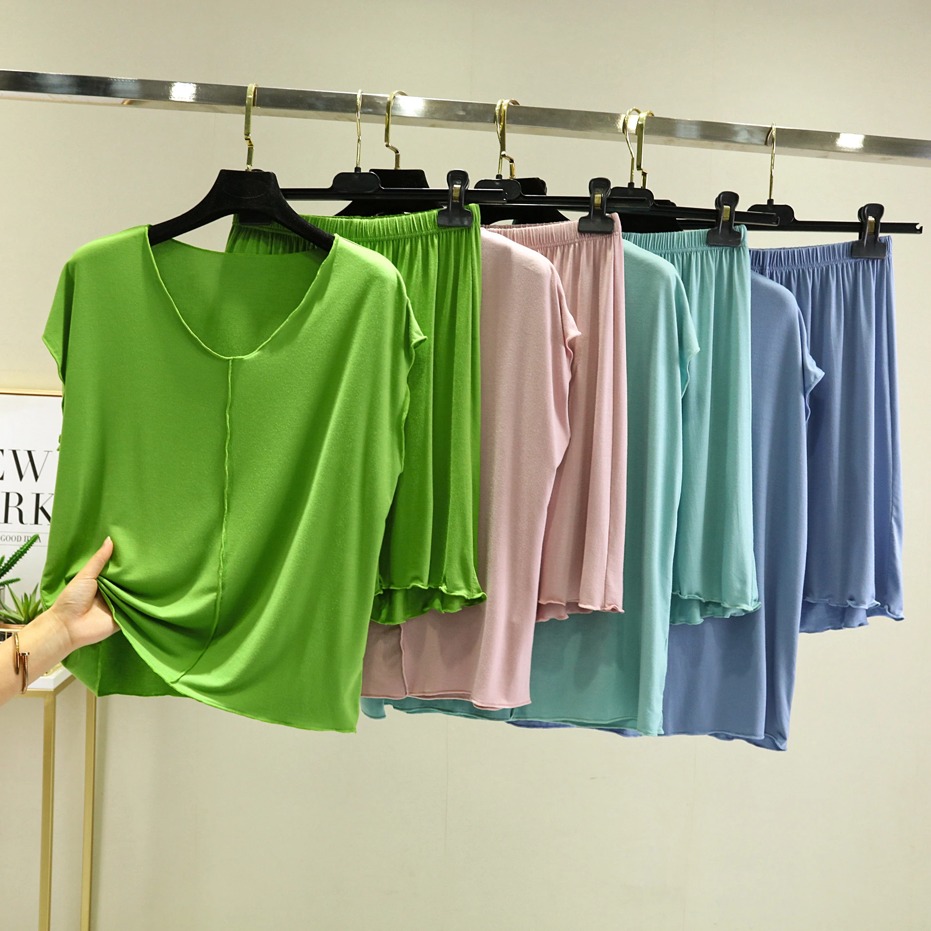 Modale Estate Sottile Allentato Casa Spwear di Grandi Dimensioni V-Ne Svel T-irt A Vita Alta Orti Set A Due Pezzi Abbigliamento Casual da Donna