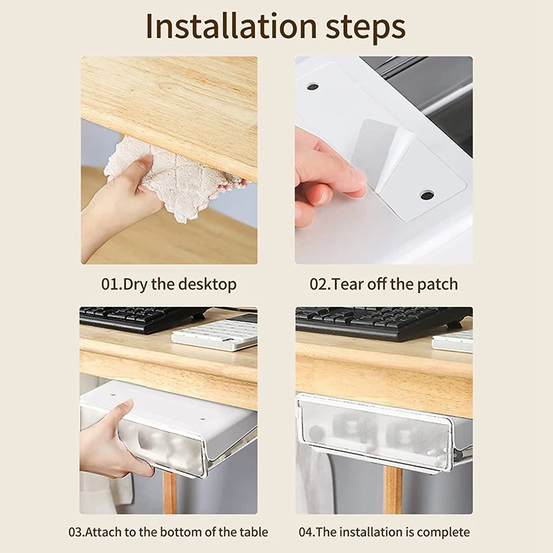 Under Desk Drawer Organizer, Self-Adhesive -Up Under Desk Storage Box, Under Table Drawer Tray Organizers