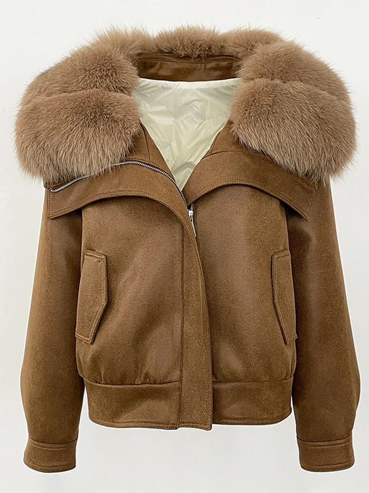 2025 Women Fashion Short Down Coat Big Real Fox Fur Collar Lady Warm Suede Fur Puffer Jacket New Winter Clothing Female