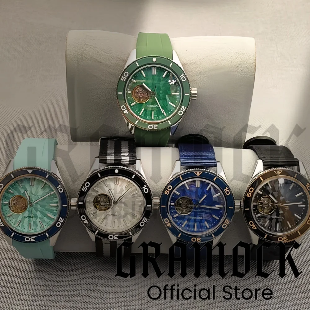 

Gramock 41mm Stainless Steel Case With Sapphire Glass Semi-Hollowed Green Luminous Dial New Waterproof NH38 Watch For Man