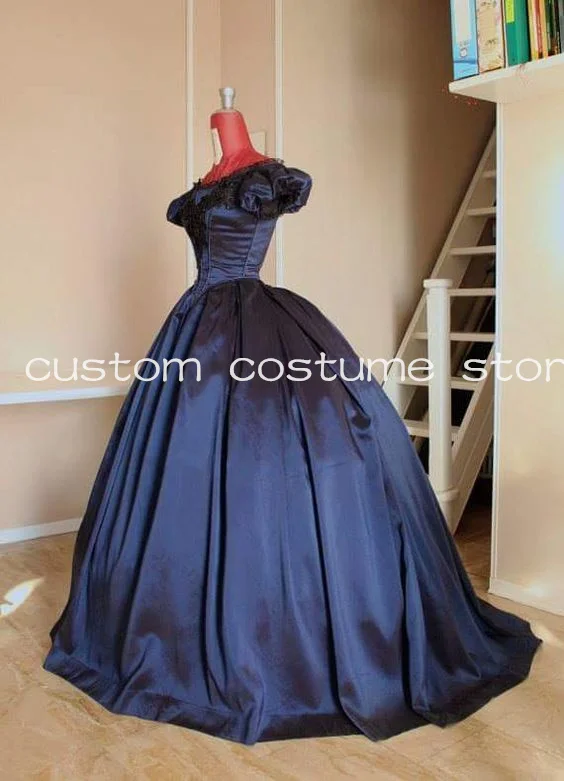 Navy Blue Empire Victorian Prom Dresses Puffy Off Shoulder Corset Bustle Applique Cosplay Costume Evening Gown Civil War