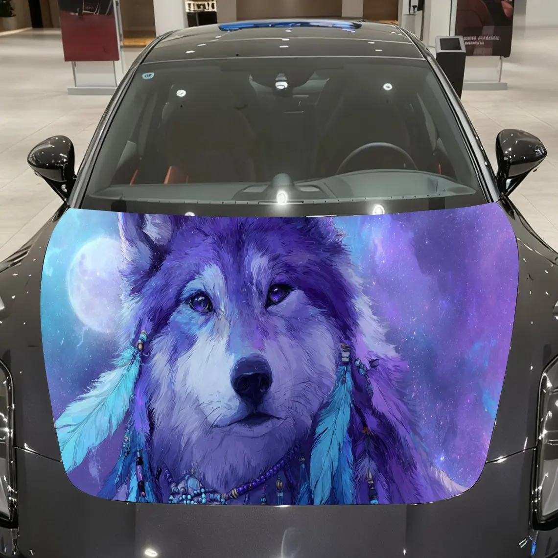 

Purple Wolf with Dreamcatcher Car Hood Wrap, Cosmic Galaxy Wolf Car Hood Decal, Fantasy Car Exterior Accessory, Auto Cover Stick