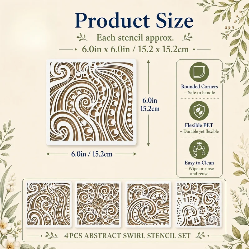 4PCS Abstract Texture Painting Templates Stencils Reusable PET Templates for Painting on Wood Wall Furniture DIY Home Decoration