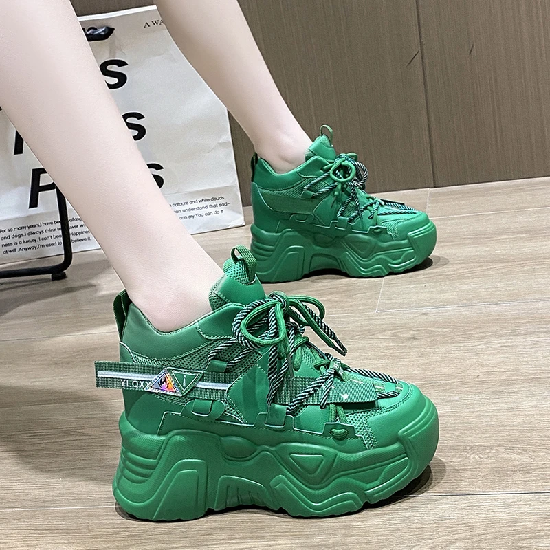 New 2025 Autumn Women Chunky Sneakers Breathable Mesh Casual Shoes 9CM Wedge Heels Platform Sports Dad Shoes Chaussures Femme