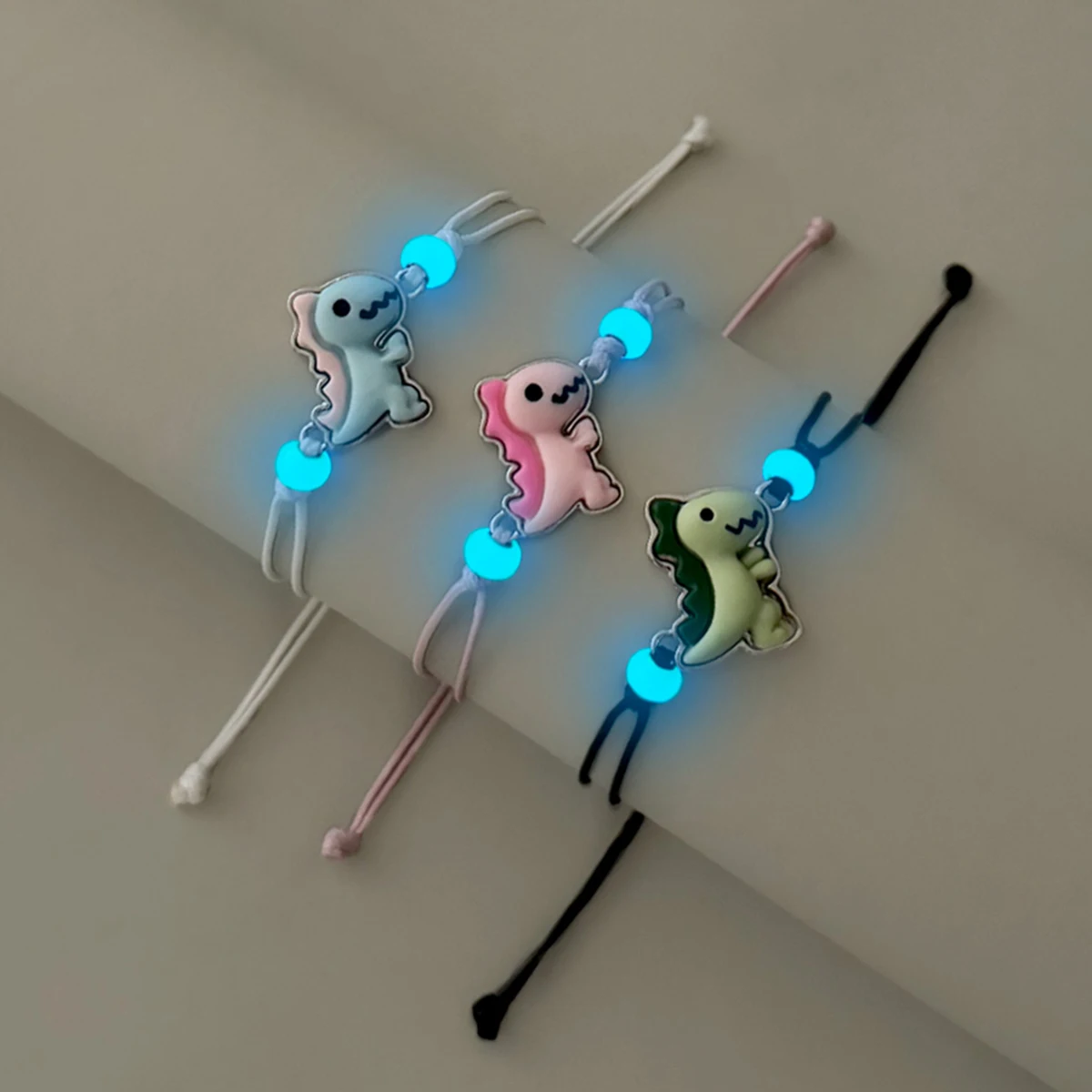 3 unids/set cuentas luminosas lindo dinosaurio hermana pulsera tejida a mano moda novias pulsera