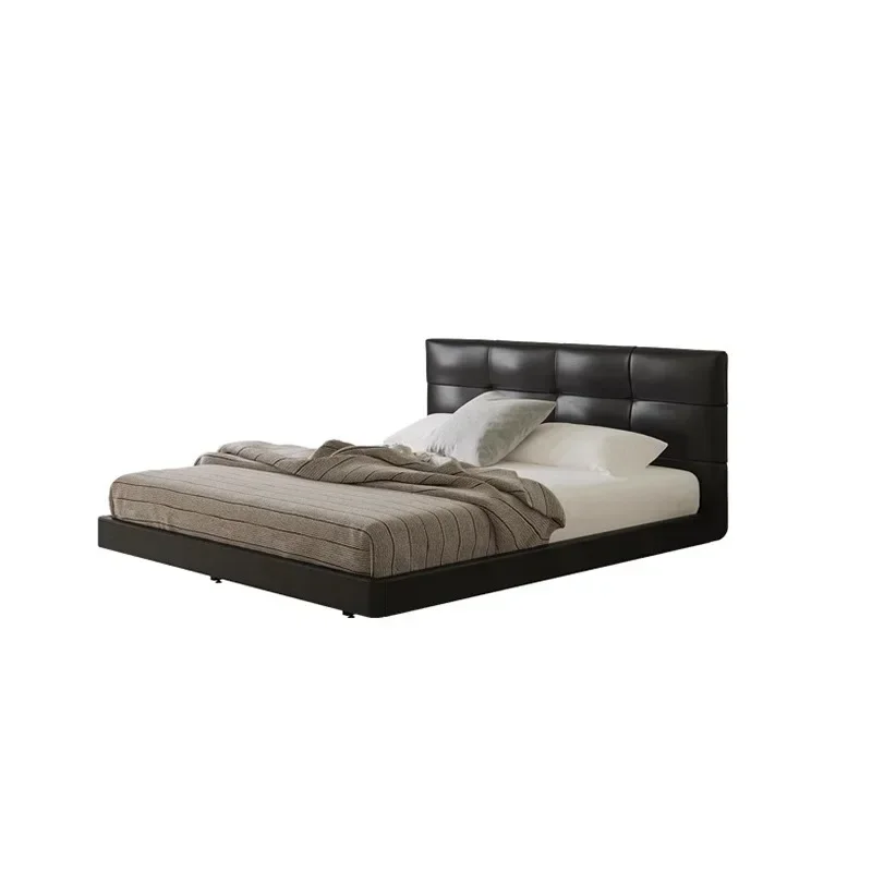 

Italian minimalist retro leather bed black chocolate floating master bedroom double bed leather art