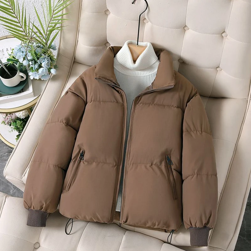 Bread Cotton Jacket Women Winter Padded Thickened Warm Windproof Coat Long-Sleeved Zipper Stand Collar Fashion Outwear