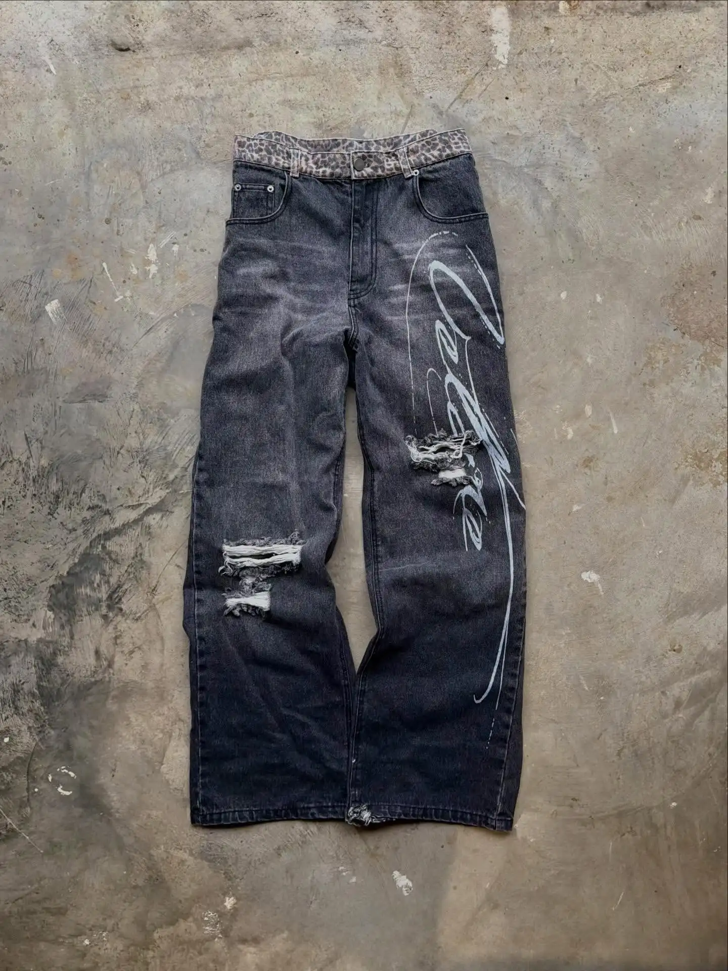 

Leopard print hem jeans 2000s American casual jeans high waist straight wide leg jeans Harajuku retro women's clothing