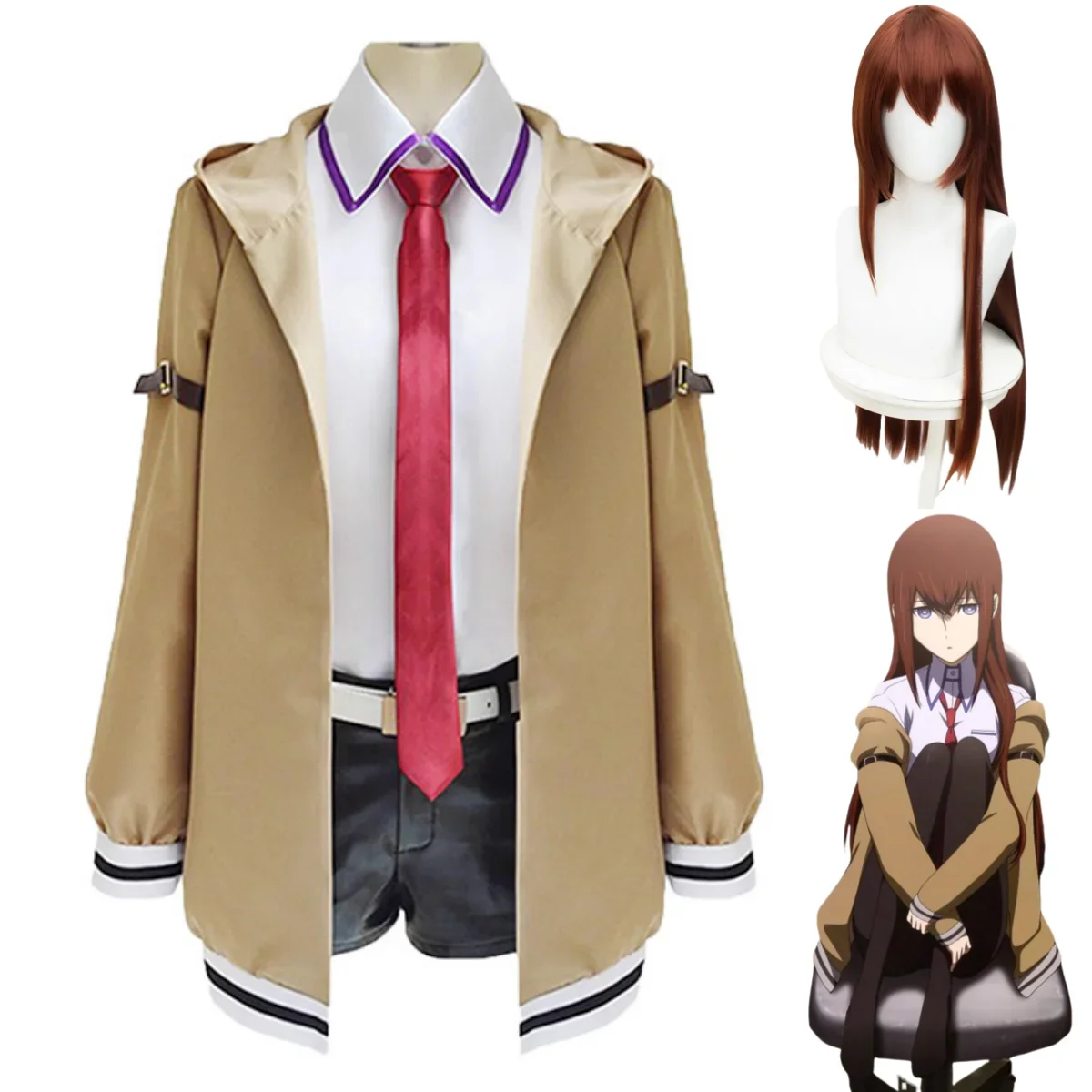 

Anime Steins;Gate Makise Kurisu Christina Cosplay Costume Zombie Wig Hooded Coat Uniform Woman Sexy Carnival Halloween Suit