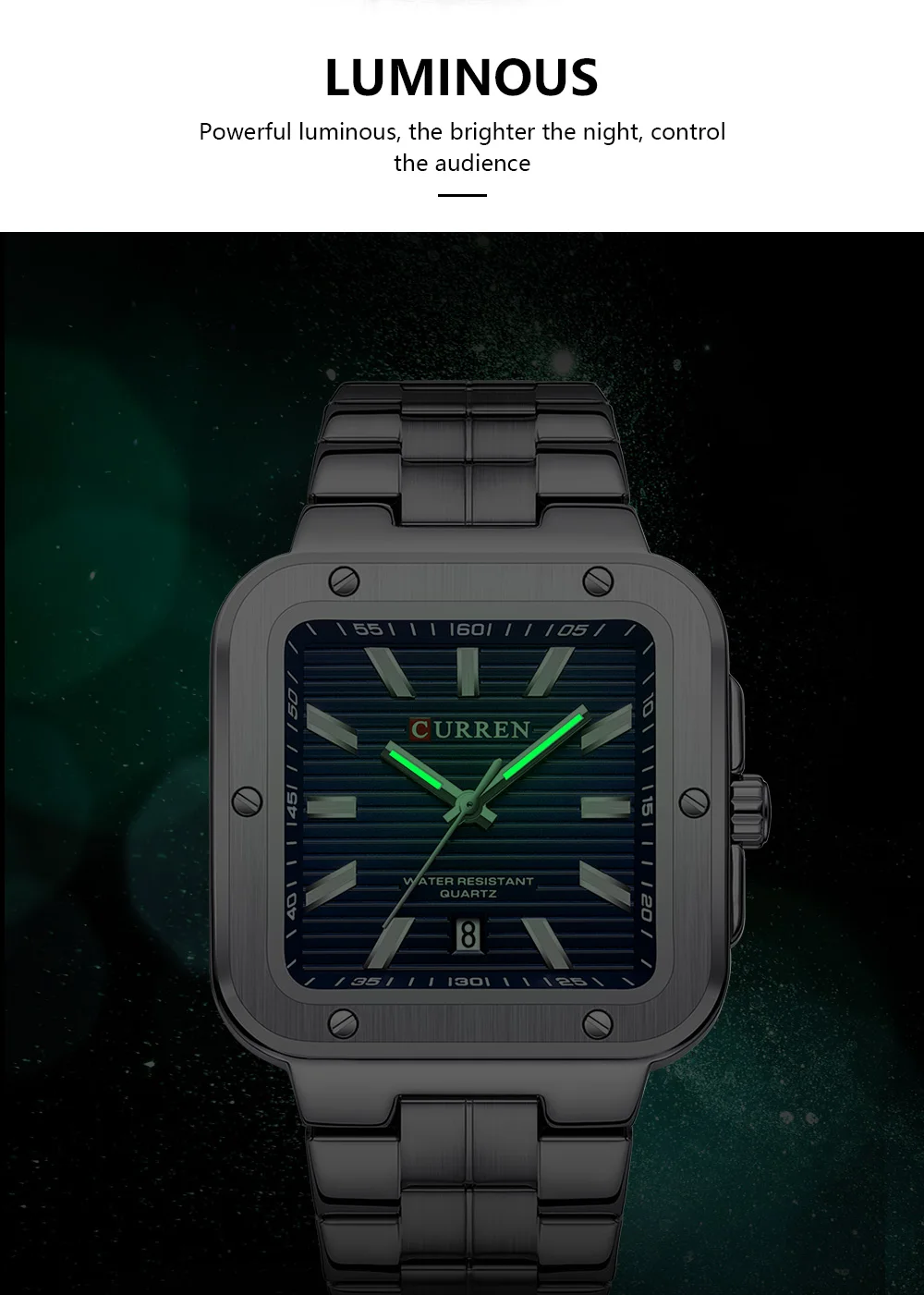 CURREN Einzigartige Quadratische Herrenuhr mit Grünem Zifferblatt - Edelstahlarmband, Business-Casual-Stil Quarz-Armbanduhren für Männer – Detail 5
