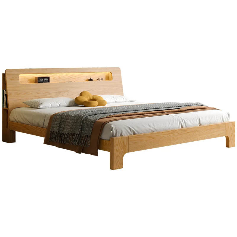 

Nordic solid wood bed, double modern simple e****mical wax wood storage bed