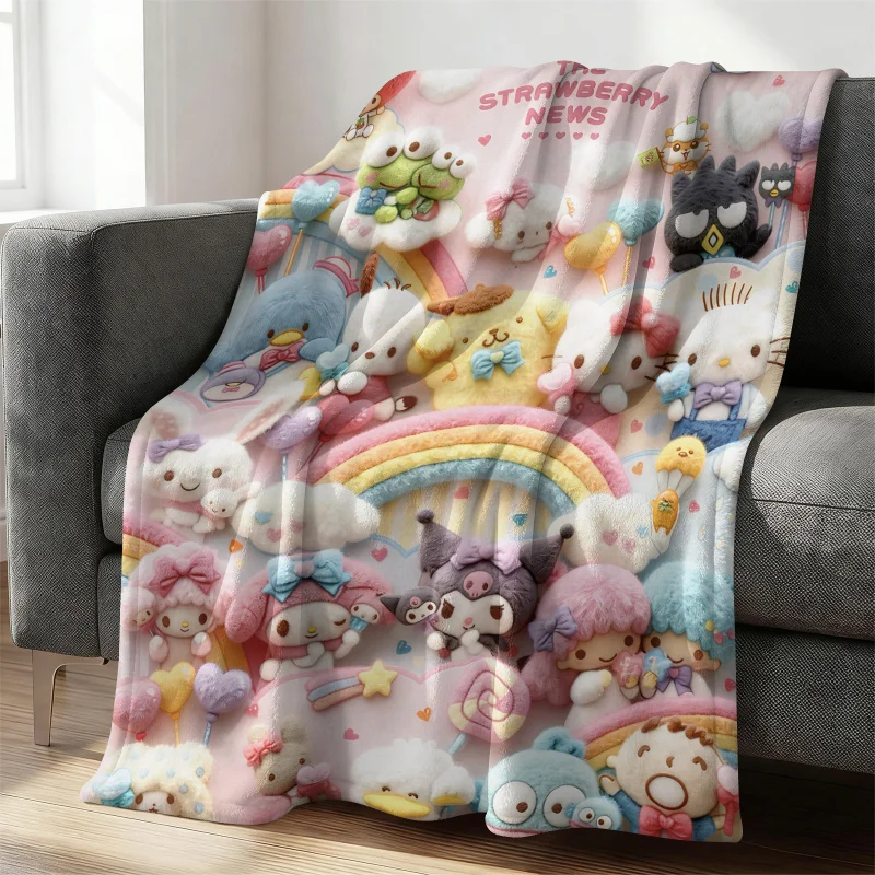 

Фланелевое одеяло Sanrio с изображением всех персонажей, кавайное 3D-одеяло с пушистым радужным принтом, мягкое и уютное, для девочек, для спальни, дивана, в подарок