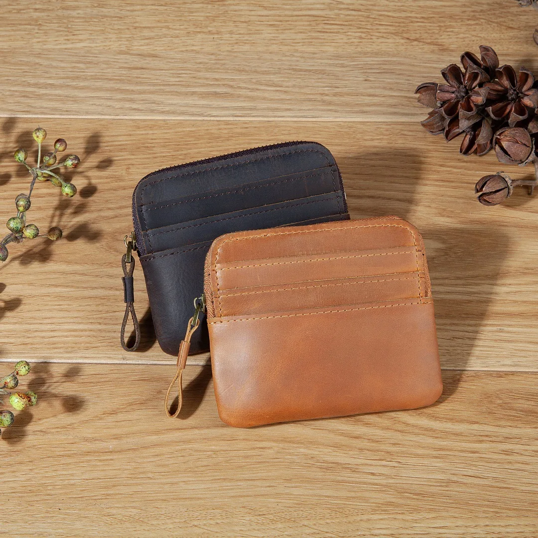 Luxury Top Layer Cowhide Card Holder, Vintage Zipper Coin Purse Change Wallet,Crazy Horse Leather Card Case Wallet for Men Women