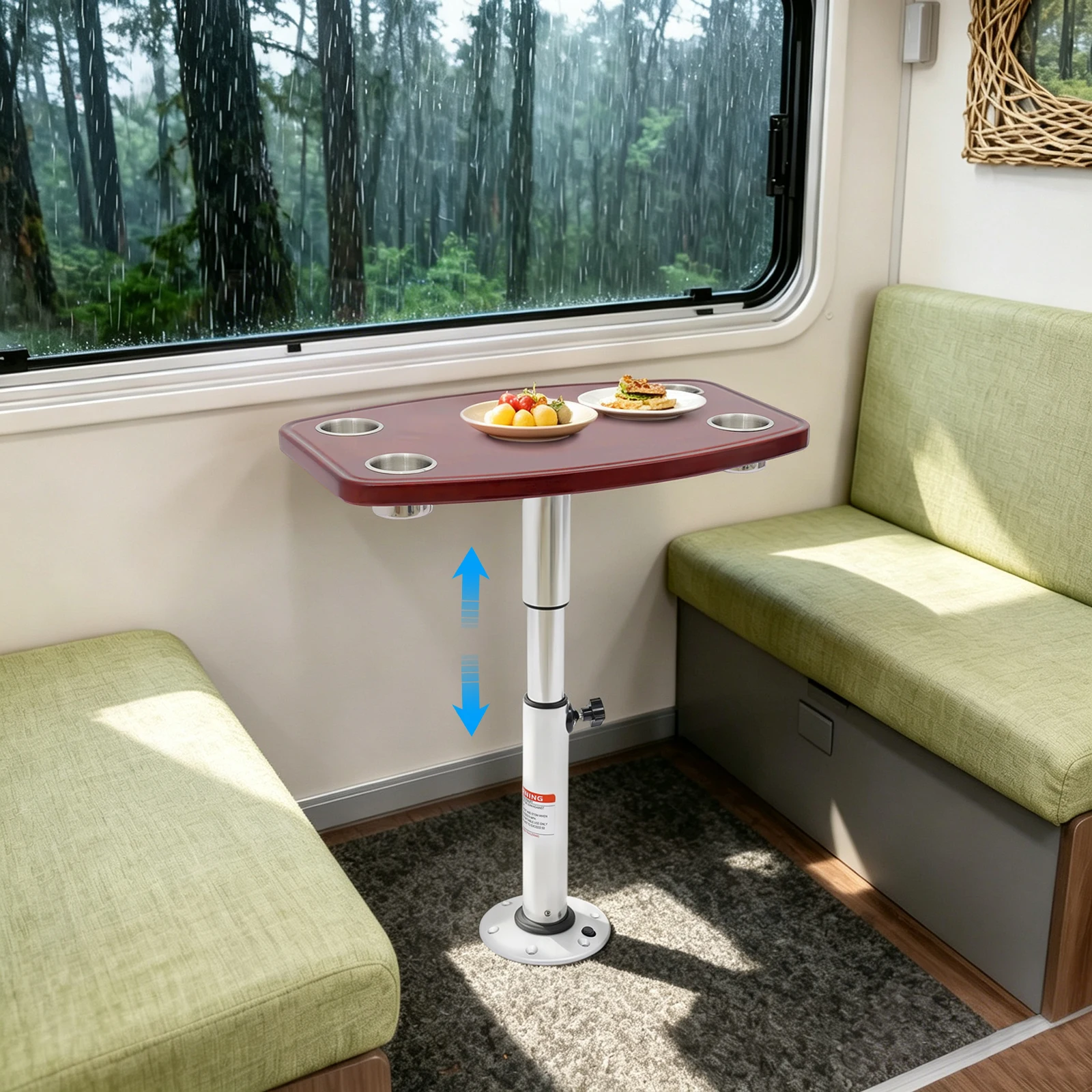 RV Table with 4 Cup Holders, Adjustable Height 22-28 Inch Stand Table, Space Saving Camper Van Table 55LBS Capacity