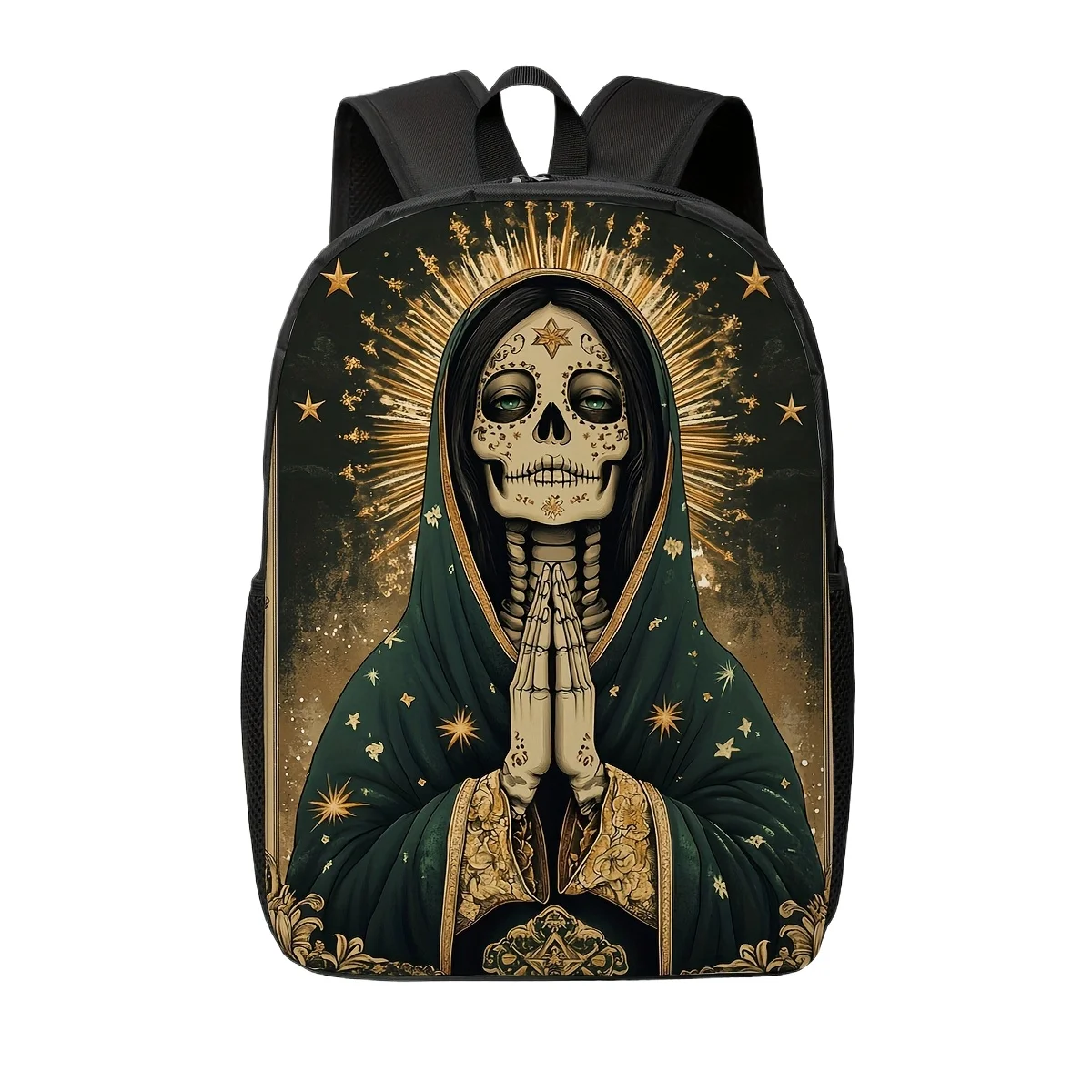 

1pc Santa Muerte Gothic Backpack for Men Women Dark Pattern Print with Green Golden Accents, Spacious Commuter Bag, Lightweight