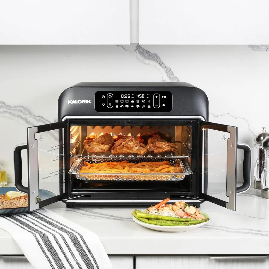 칼로릭 에어프라이어 컨벡션 오븐 디자이너 시리즈 26쿼트 듀얼 스피드 팬 이지 풀 프렌치 도어 및 14가지 스마트 요리 프로그램