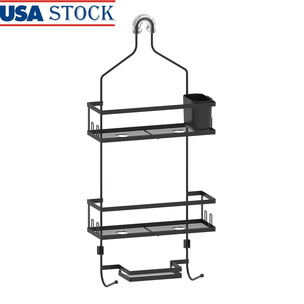 

Lock-Top Shower Caddy Hanging Organizer with 2 Shelves Soap Tray Hooks Rust Resistant Storage Cup Bathroom Essentials