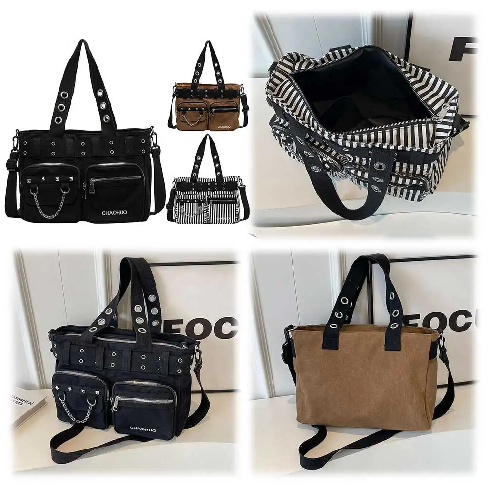 

Women Rivet Crossbody Bag with Chain Canvas Gothic Satchel Bag Zipper Closure Punk Style Sling Bag Rock Girls Daily Bag