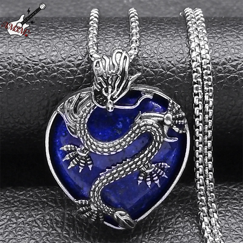 Punk Dragon Blue Lazuli Heart Stone Pendant Necklace for Women Men Stainless Steel Hip Hop Male Chain Jewelry colar