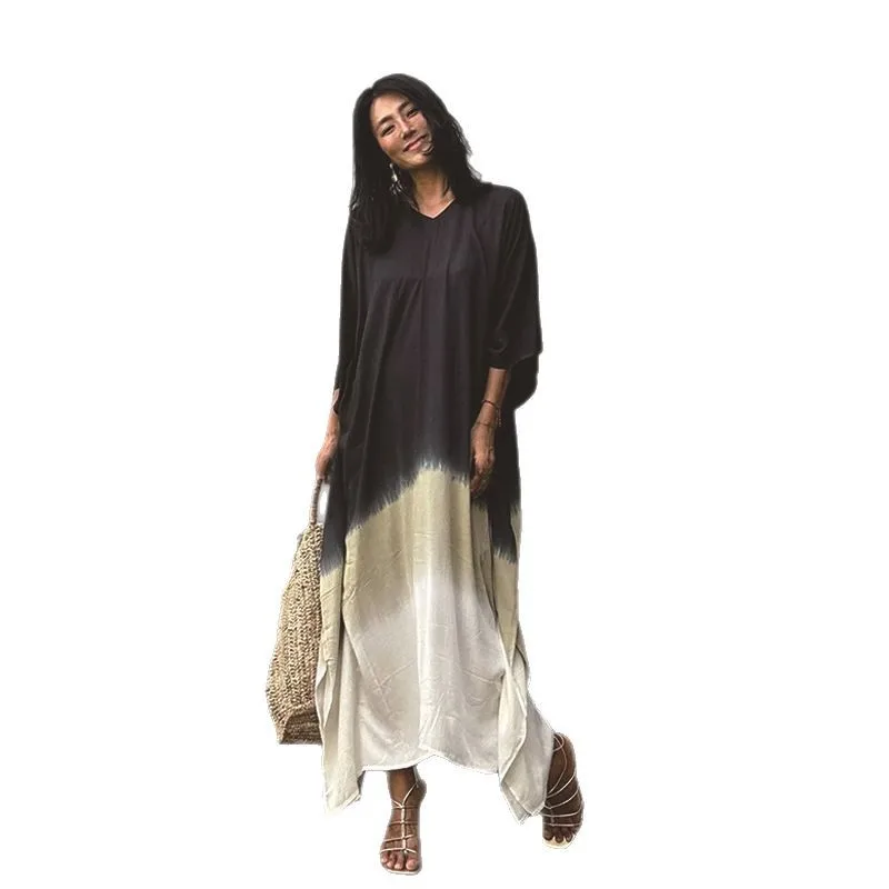 2025 New Cotton Gradually Changing Color Beach Cover, Vacation Sunscreen, Loose Long Skirt Dress