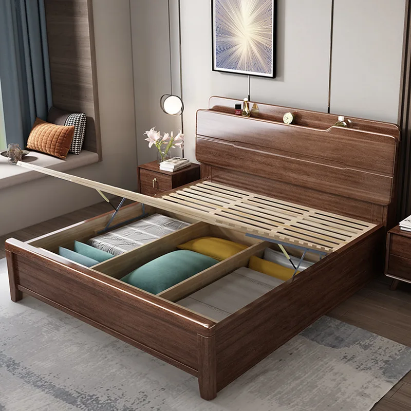 Nordic walnut solid wood bed, light luxury home bedroom