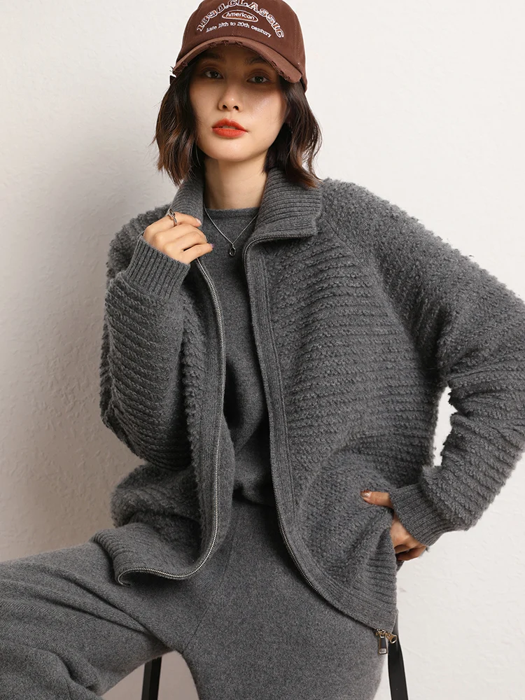 Fashion High Quality 100% Cashmere Sweater Women Autumn Winter Cardigan Zipper Casual Long Sleeve Coat Knitwear Clothing