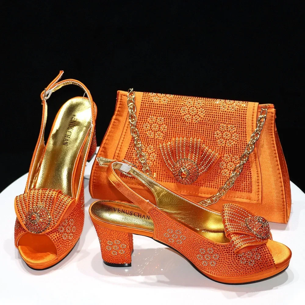 

2026 Fashion Italian Design Girly Style Golden Color Wedding Shoes And Bag Full Diamond Decoration Metal Closure Bags