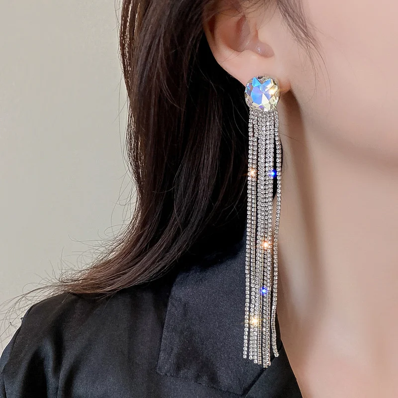 Long Tassel Rhinestone Drop Earrings for Women Silver Color Crystal Dangle Earring Party Wedding Jewelry