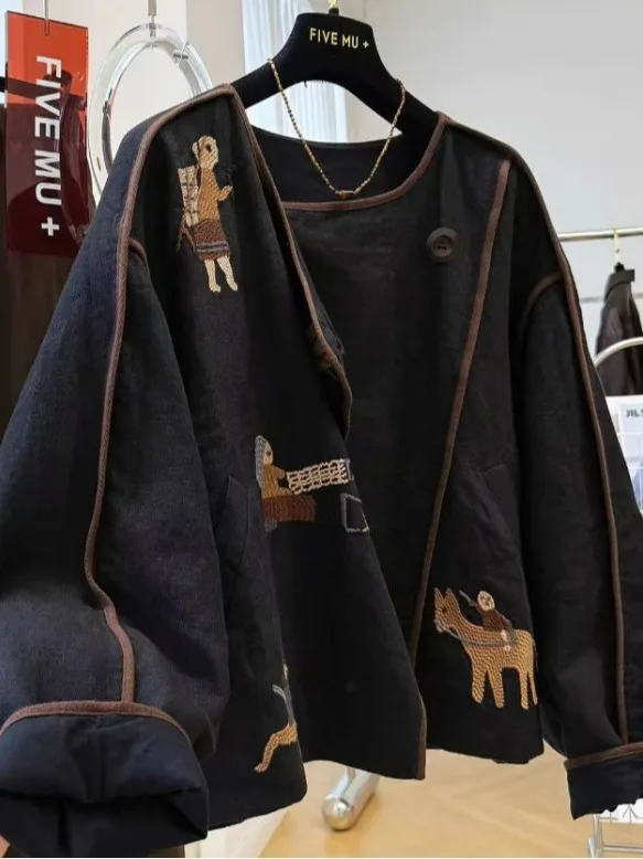 

Casual Linen Embroidered round Neck Loose Jacket Short Outerwear Spring 2026 Women's Daily Wear Comfortable Non-deformable