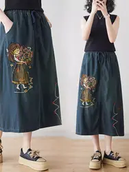 Spring Must-Have! Vintage Embroidered Denim Skirt, High Waist A-Line Flared Skirt for Women, Fashion Loose Fit Retro Jeans Saias