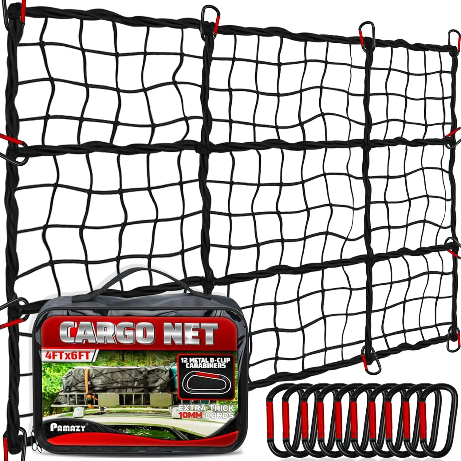 

Heavy Duty 4'x6' Cargo Net Stretches to 8'x12', Extra Thick 10mm Cord with Steel Carabiners for Truck Bed and Roof Rack