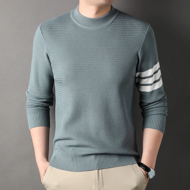 

High end brand stripe knitted men's sweater fashion wavy grain luxury comfort autumn and winter warm casual round neck pullover