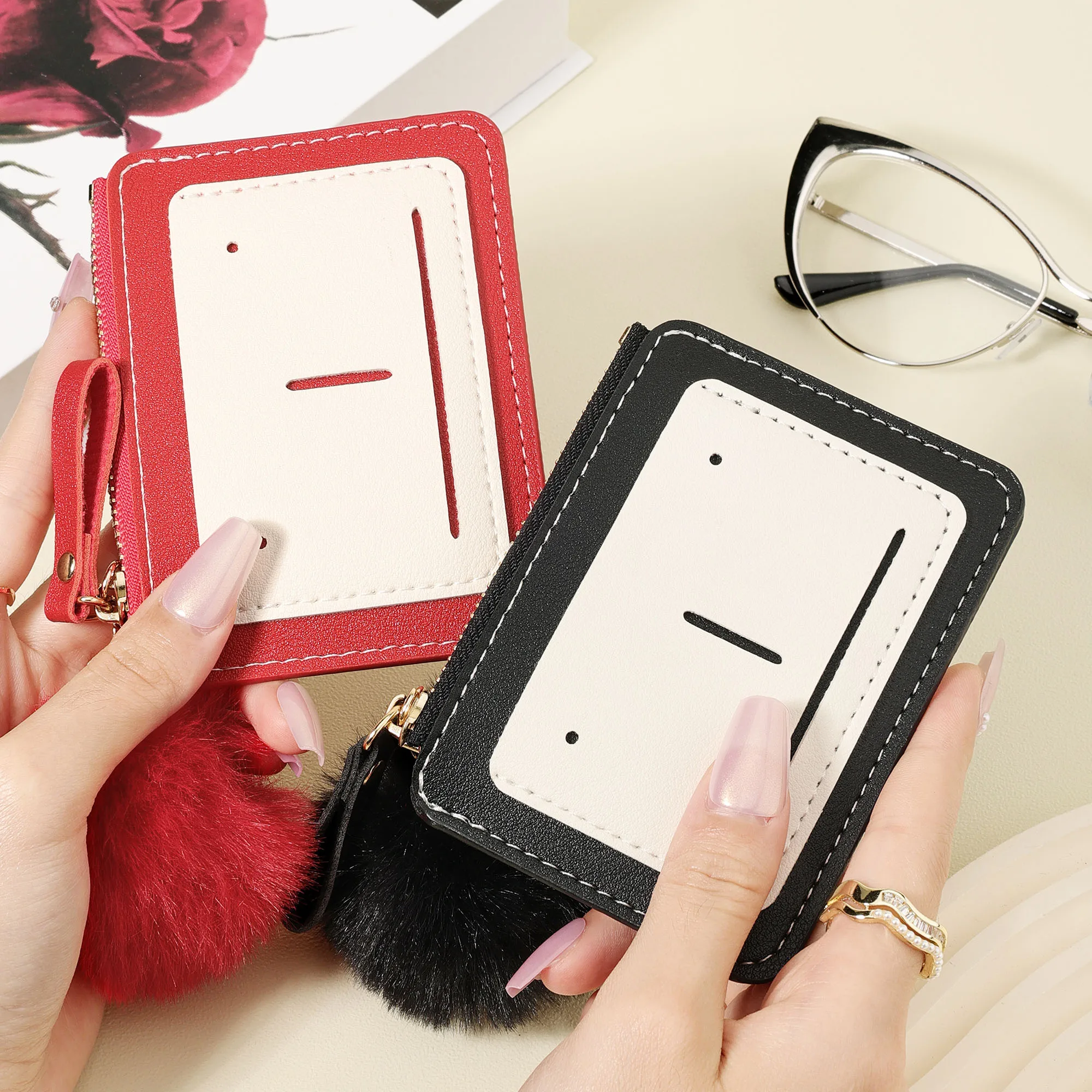 미니 패션 신용카드 홀더, 초슬림 동전 지갑, 여성용 캐주얼 핸드백, 섬세한 폼폼 장식, 고품질