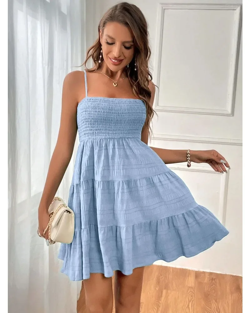Abiti estivi da donna senza maniche senza schienale Casual Boho smocked Ruffle Sun Beach Babydoll Mini abito a strati Abiti altalena fluidi