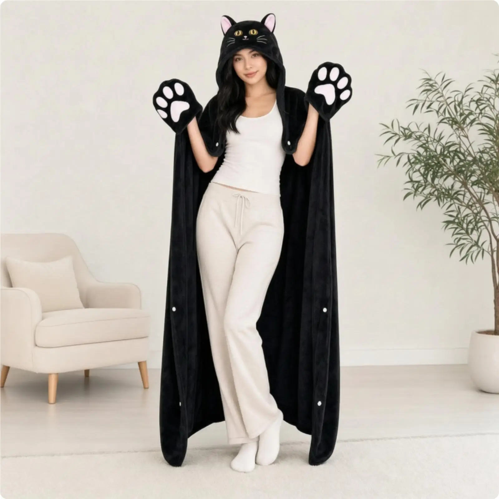 Cape Blanket with Hood Cat-Themed Wearable Blanket with Hood Fuzzy for Adults