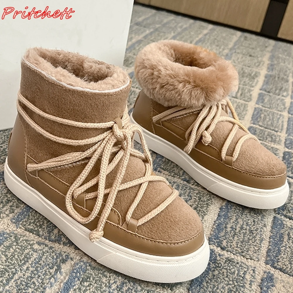 Thick Sole Flannel Women Boots Cross Tied Round Toe Mid Calf Flats Boots Winter Women All-match Fashion Short Snow Cotton Boots