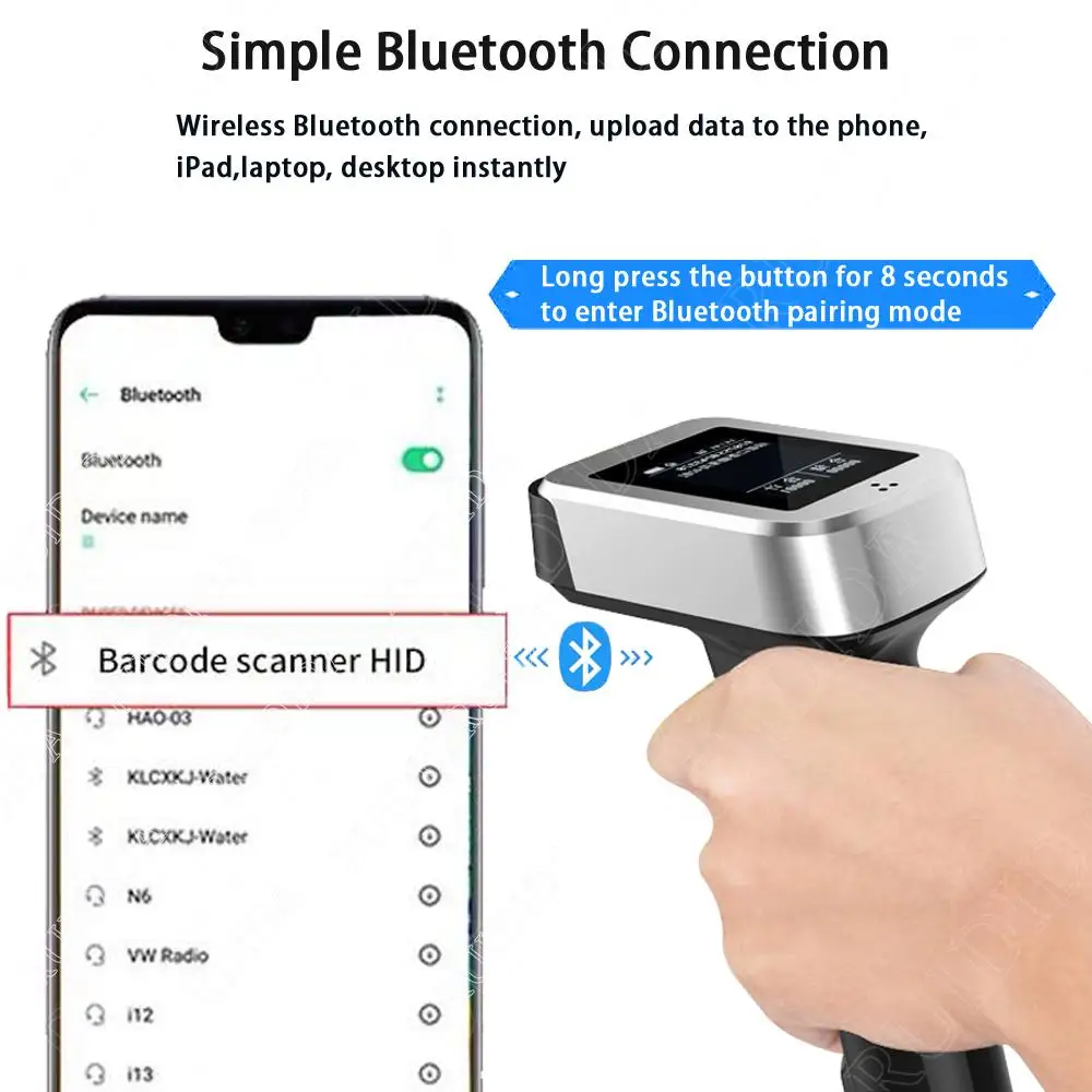 Barcode Scanner with Charging Base 2d Handheld Wireless & Bluetooth Bar Reader with Display Screen PDF417 DM code qr Code Reader