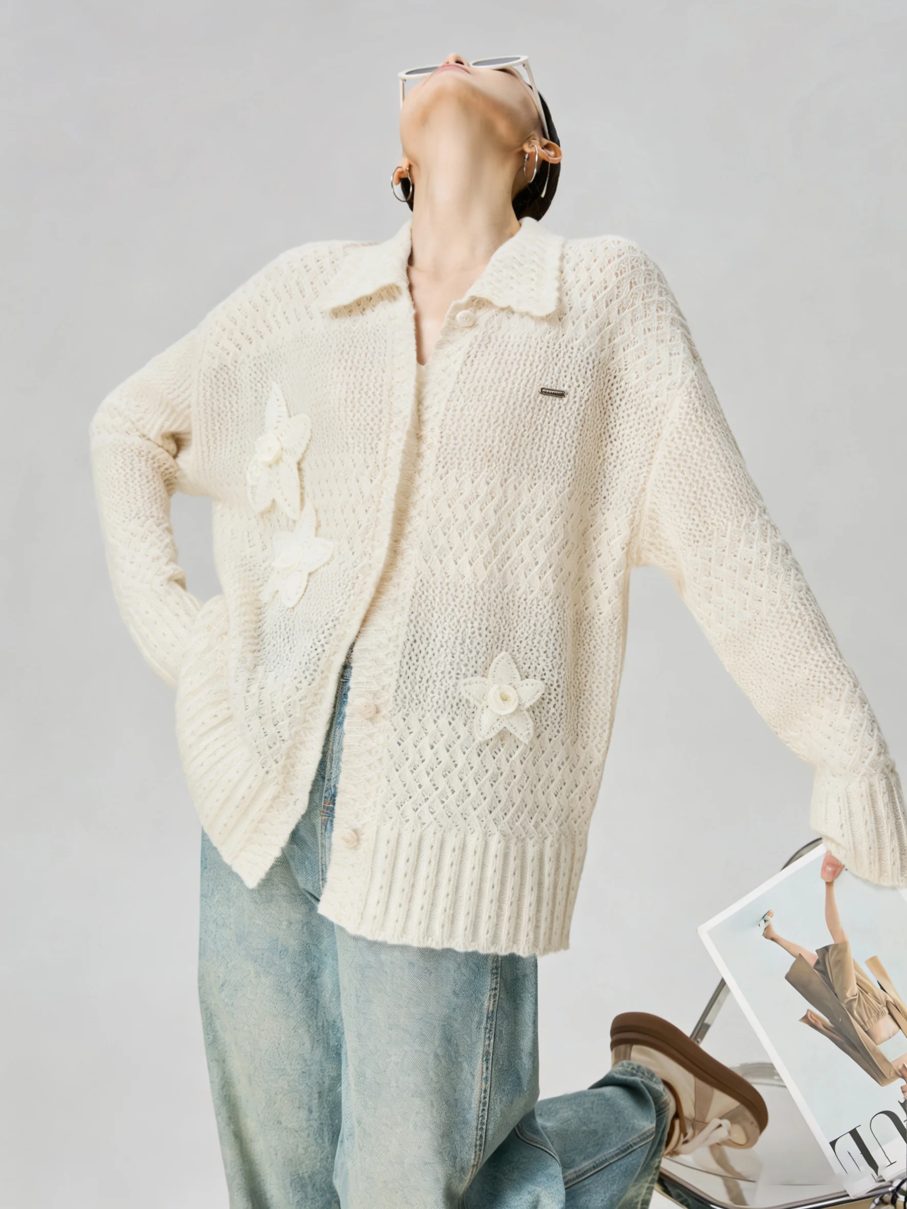 

Khaki Knitted Hollow out Cardigan Women's Early Spring Casual Sle Slimming Top Floral Pattern Turn down Collar Long Sve