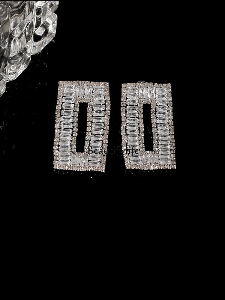 Rectangle zircon crystal earrings, silver needle temperament, high-end light luxury earrings.