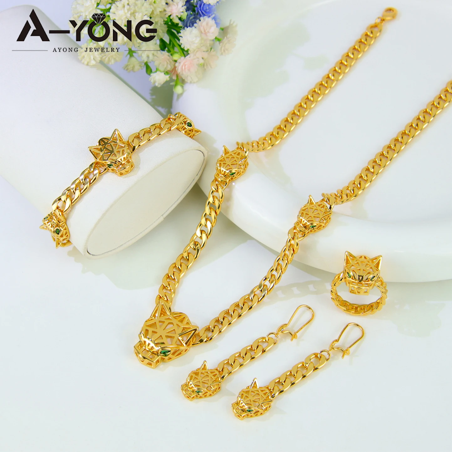 Luxus Dubai Gold Farbe Leopard Anhänger Halskette Set 21k Gold Überzogene Italienische Mode Panther Colliers Saudi Party Schmuck – Detail 5