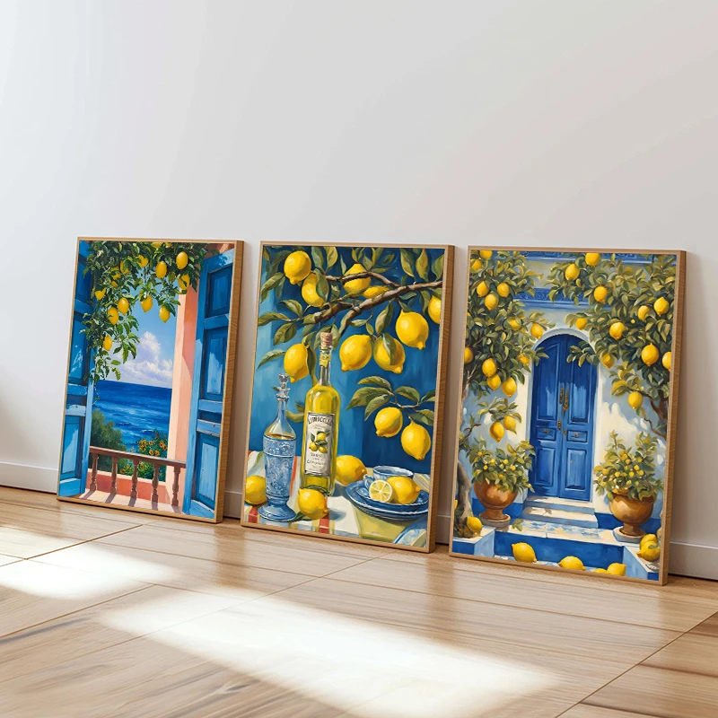 Póster costero de puerta azul limón de Italia mediterránea, Amalfi, paisaje de ventanas de viaje, pintura en lienzo, arte de pared impreso, decoración de cocina
